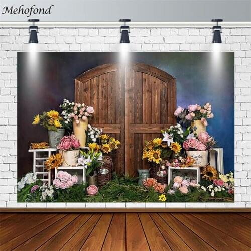 Mehofond Spring Backdrop Baby Shower Sunflower Green Leaf Wood Door Birthday Photography Background Photo Studio Photocall Decor