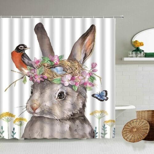 Cartoon Cute Rabbit Animal Shower Curtain Set Bird Butterfly Flower Plant Easter Bathroom Decoration Blackout Waterproof Screen
