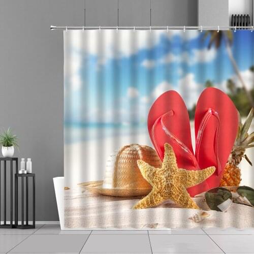 Sandy Seascape Shower Curtain Set Starfish Green Tropical Plant Bathroom Decoration Hanging Curtains Waterproof Polyester Fabric