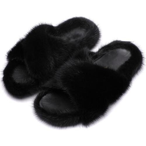 Women 100% Imported Mink Hair Cross Slippers Women 2020 Autumn And Winter Leather Thick Bottom Wool Shoes Lazy Outer Drag