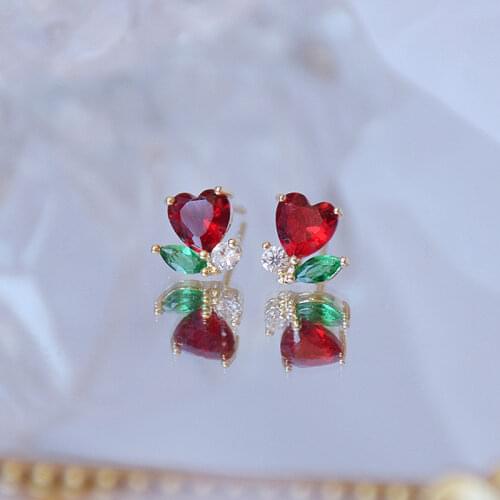 Shiny Side New Accessories Crystal Red Heart Stud Earrings for Women Fashion Jewelry Cute Small Zirconia Earrings