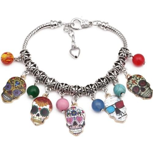 Halloween Bracelet Skeleton Head Gothic Punk Charm Bracelet Beaded Bracelet Party For Women Unisex Skull Vintage Braclet Bangles