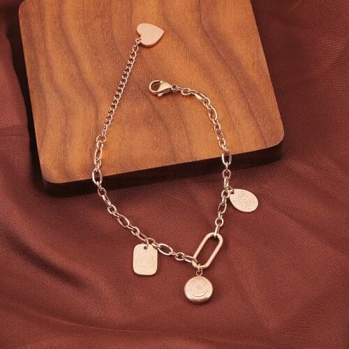 Stainless Steel Smiley Bracelet for Women Cute Girl Letters Hand Chain Gold Heart Pendant Jewelry