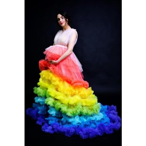 LO&LI New Arrival Rainbow Long Tulle Robe Vestidos 2020 Summer Dresses Women Ruffles Tiered Puff Full Sleeves Dress See Thru