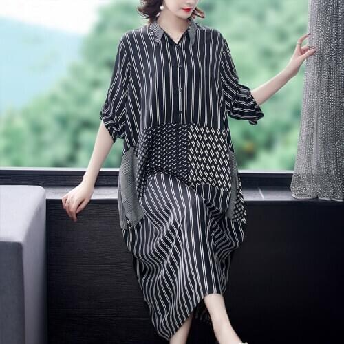 Spring Loose 5XL Plus Size Casual Maxi Dresses 2021 Black Striped Vintage Midi Shirt Dress Elegant Women Bodycon Party Vestidos