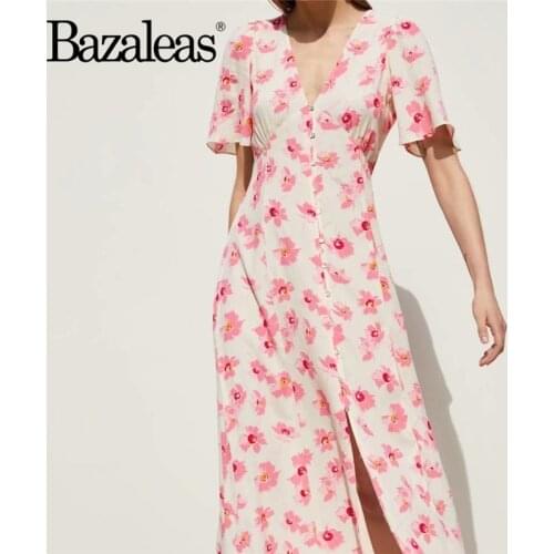 Bazaleas Vintage Center Buttons Long Dress Pink Floral Print Women Summer dress Casual Split vestidos drop shipping