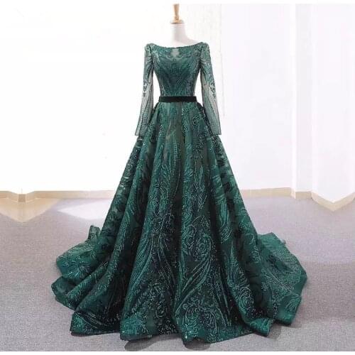 Dubai A-Line Luxury Green Evening Dress Muslim 2021 Women Vintage Long Sleeves Robe De Soiree Sequins Sparkle Prom Party Gowns