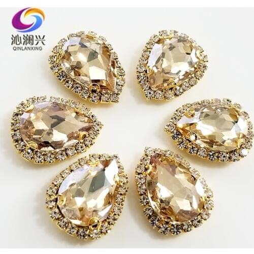 Golden champion Golden bottom Top grade Glass Crystal buckle,Drop shape sew on rhinestones,Diy wedding decoration 10pcs/pack