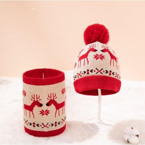 Christmas Kids Hat and Scarf Set Autumn Winter Knitteed Baby Hat Scarf Suit Keep Warm Boys Girls Neck Children Scarf 2Pcs