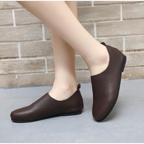 2020 Genuine Leather Flat Shoes Woman Hand-sewn Genuine Leather Loafers Slip On Round Toe soft Retro Comfortable shoes woman