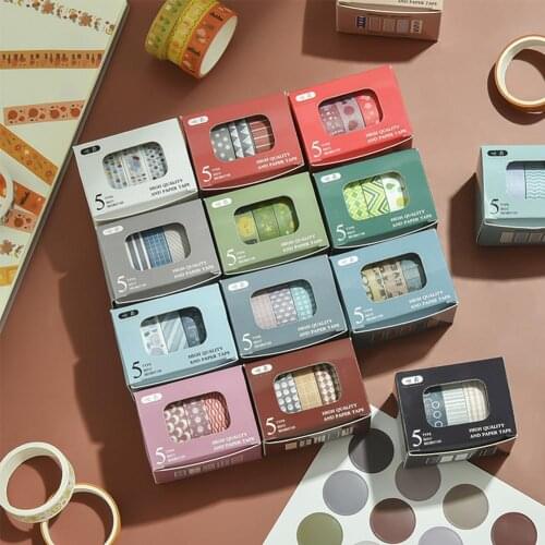 5rolls/bag Retro Masking Tape Set Sstripe Grid Self-adhesive Washi Tape Diy Scrapbooking Journal Planner Photo Album Decoration