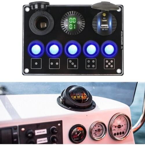 Car Toggle Rocket Switch Panel 5 Gang 12/24V Waterproof LED Voltage Display QC3.0 Quick Charge For RV Car Marine Ship Truck