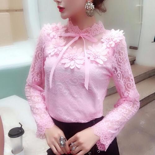 Elegant Womens 3D flower Blouses pure Lace Shirt Female Long Sleeve Sexy hollow out Tops Autumn Fashion Clothes New DD2379