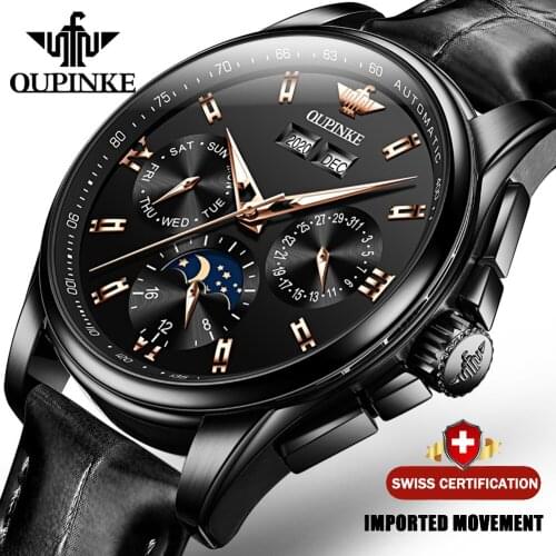 OUPINKE Black Leather Mens Watches Automatic Mechanical Moon phase Sapphire Glass Wristwatch Water resistance Watch Men 3189