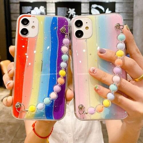 Rainbow Gradient Color Bling Phone Case for Samsung Galaxy S8 S9 S10 S20Plus Note10 A20 A51 with Pearl Bracelet Epoxy Back Cover