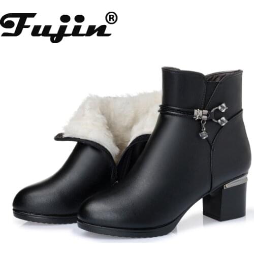 Fujin Women Wool Snow Boots Fashion Genuine Leather Fur Warm Shoes Plush Ankle Boots Platform for Women Warm Winter Boots