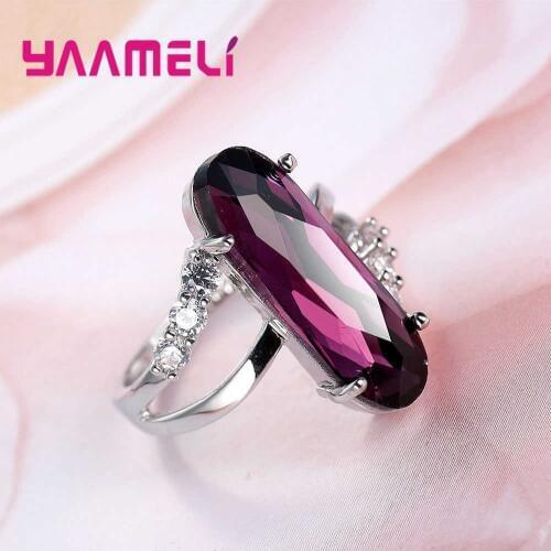 New Hot Selling Big Purple CZ Stone Cocktail Rings Fine 925 Sterling Silver Square Cubic Zircon Jewelry for Lady Female Gift
