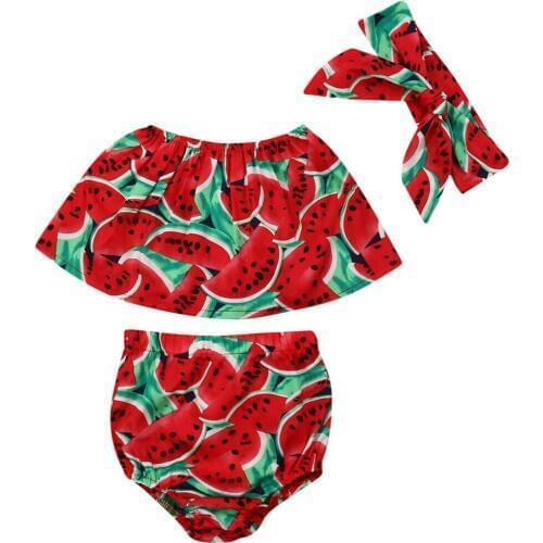 3pcs/set Newborn Infant Baby Girls Clothing Set Watermelon Print Outfits Sleeveless T Shirt + Short Bloomer +Headband Summer