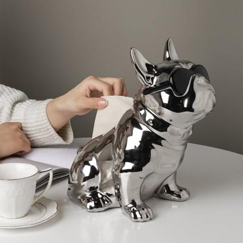 Nordic Style Creative Resin Bulldog Storage Sculptures With Paper Towel Box Gold Silver color