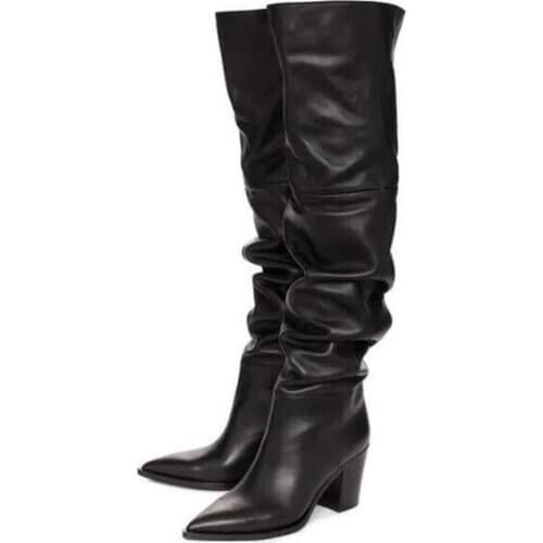 Pleated Tube Black Brown Smooth Genuine Leather Over The Knee Boots Fashion Lady Pointed Toe Thigh High Knight Boots