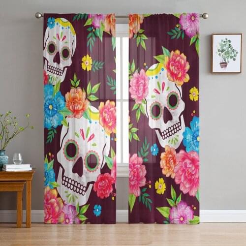 Mexican Skull Red Flowers Sheer Curtains for Living Room Bedroom Kitchen Chiffon Tulle Curtains Home Hotel Coffee Decor