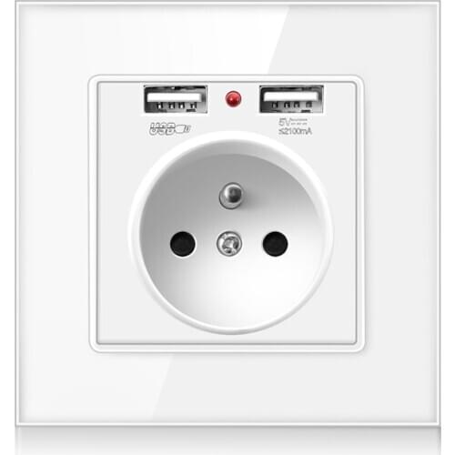 FRON Wall USB Power Socket, Crystal Glass Panel, Bedroom socket,250V16A Wall Embedded, Doubleusb EU French Standard Outlet2100MA