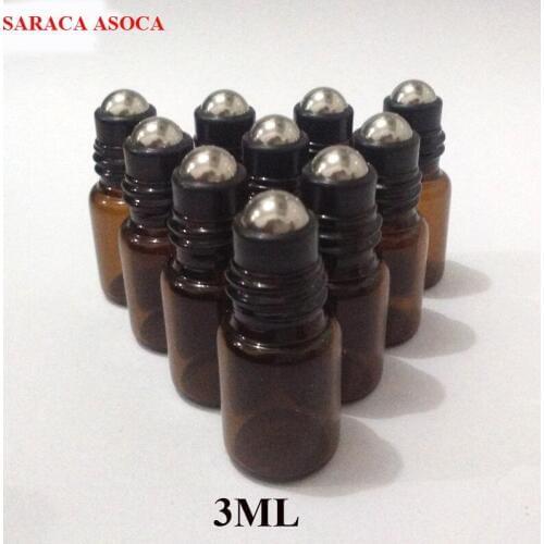 Whoelsael Retail 3ml 100pcs/lot Mini Brown Color Ball Glass Bottles Black Cap Steel Ball Essential Oil Glass Refillable Bottles