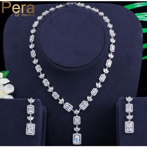 Pera Princess Cut White CZ Bridal Square Long Drop Earring and Necklace Chain Jewelry Sets for Wedding Costume Accessories J294