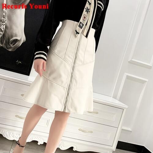 Mujer Faldas 2021 Spring Women Genuine Leather High Waist Fishtail Skirt Femme French Elegant Zipper Cut Piece White Saia Midi
