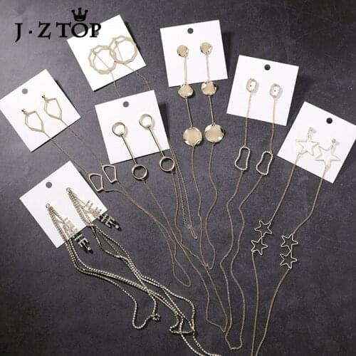JZTOP Trendy Long Chain Tassel Earrings Geometric Star Rhinestone Letter Conjoined Long Stud Earrings Women Party Brinco Jewelry