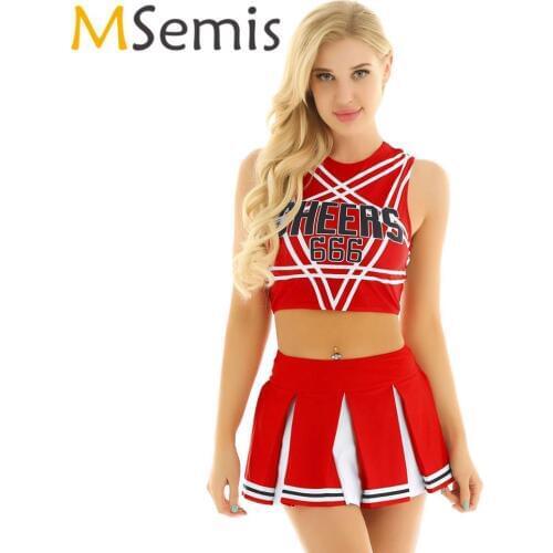 Womens Cheerleader Cosplay Costume Set Pentagram Back Crop Top with Mini Pleated Skirt Charming Role Play Cheerleading Uniform