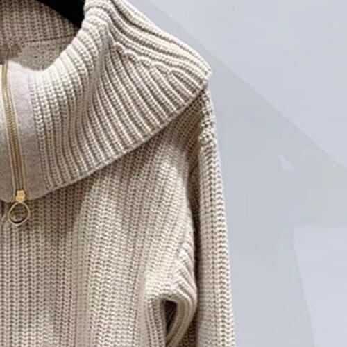Autumn Winter Women Turtleneck Knit Sweater with Half Zipper Lady Long Sleeve Casual Knitwear Female Pullover Top