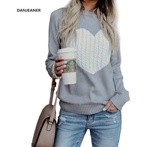 Danjeaner Winter Women Jumper Warm Fashion Heart Shape Sweaters and Pullovers Female Plus Size Ribbed Knitted Sweater Pull Femme