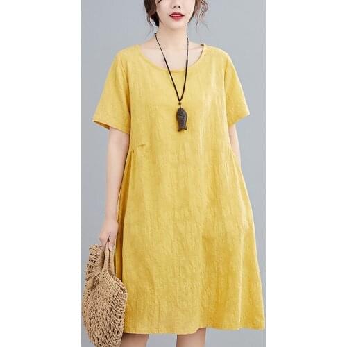 2021 New Arrival Short Sleeve Loose Summer Dress Cotton Linen Jacquard Solid Color Vintage Dress Women Travel Casual Dress