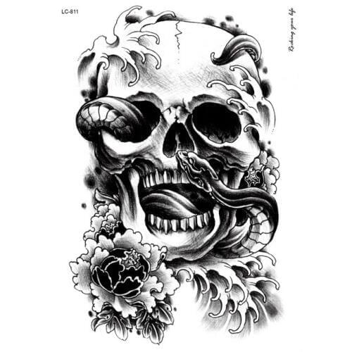 1pc Professional Large Fake Skull Snake Tattoo Sticker Flower Arm Back Waterproof LC-811 Women Men Body Art Temporary Tattoo Kit