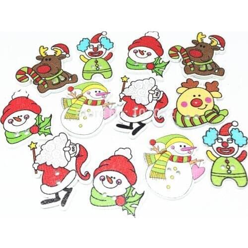 1000pcs Mixed Wooden Christmas ShapedButtons Sewing 2 Holes Xmas Santa Reindeer Holly Button 25-30mm Embellishments Scrapbooking