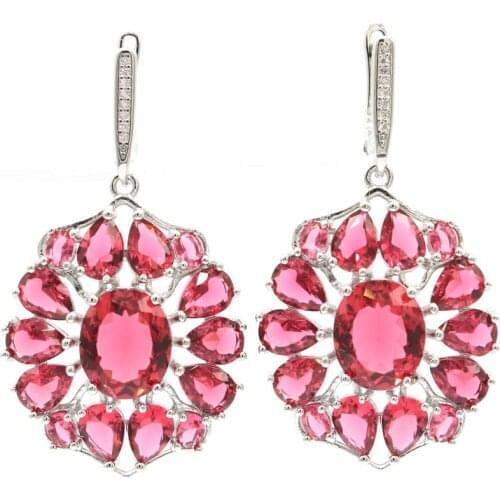 46x26mm Romantic Jewelry Set Created Pink Raspberry Rhodolite Garnet For Womans Silver Pendant Earrings Eye Catching