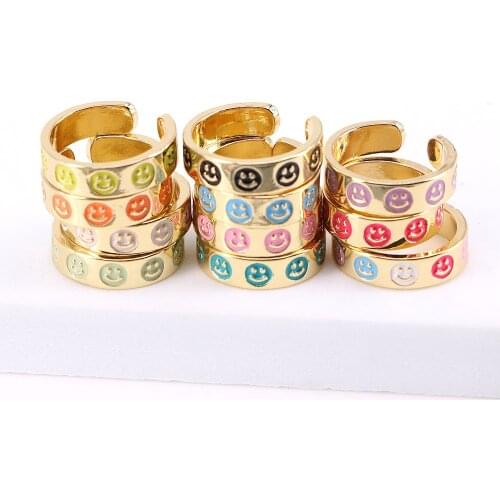 5PCS, Vintage Enamel Smiley Face Open Rings for Women Men Hip Hop Adjustable Ring Fashion Jewelry
