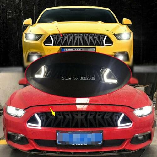 White DRL LED Light Black Front Grille Grill With Light Hood Bumper Upper Mesh Armor Fit For Ford Mustang GT 2015-2017 2016