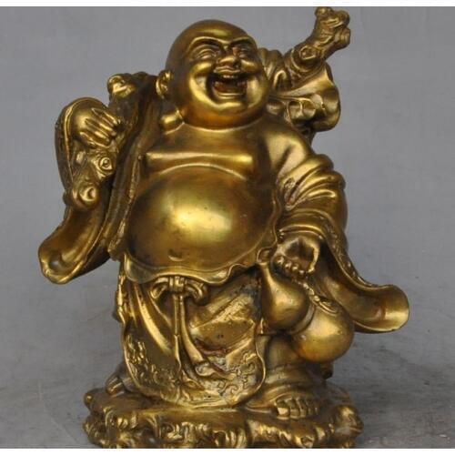 Free shipping chinese buddhism brass wealth gold bag gourd happy Maitreya laugh Buddha statue
