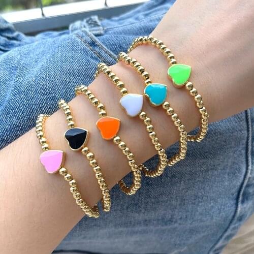 6Pcs,Enamel Heart Pearl Beads Elastic Bracelet Gold Beaded Chain Woman Bracelets Smile Fashion Women Party Jewelry