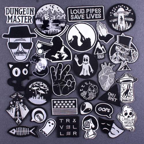 Black And White Patch Skull Stickers Iron On Patches On Clothes Space UFO Stripes On Jeans Jackets Applique Embroidery Patch