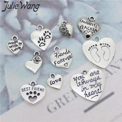 Julie Wang 10PCS Heart Shape With Footprint Letters Zinc Alloy Little Pendant Charm Making Statement Jewelry for Lovers Friend