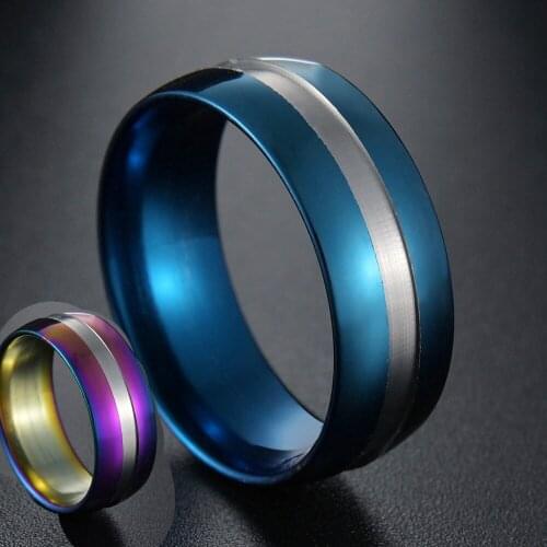 8mm Punk Band Ring for Men Women Groove Blue Rainbow Stainless Steel Wedding Bands Trendy Fraternal Rings Casual Male Jewelry