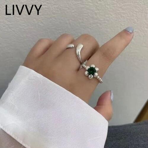 2021 Silver Color Irregular Flower Ring Women Simple Light Luxury Green Zircon Open Adjustable Jewelry Party Accessories Gifts