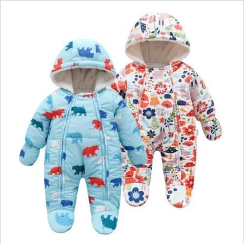 Autumn and winter baby girl clothes cute animal print plus cotton thick cotton romper amd gloves