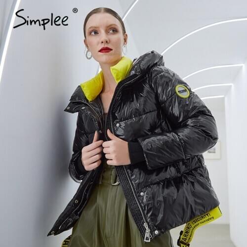 Simplee Short women winter coat parkas 2020 New fashion warm hooded shiny jacket coat Ladies office casual snow coat xl clothes