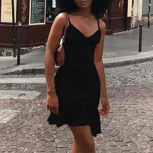 Summer Women Bodycon Sling Sleeveless Dress Slim Fits Backless V-neck Low Cut Ruffles Dresses Party Club Holiday Vestidos
