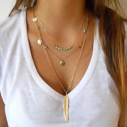 Hot sale retro ethnic style ladies fashion bohemian necklace exquisite feather long pendant necklace fashion accessories