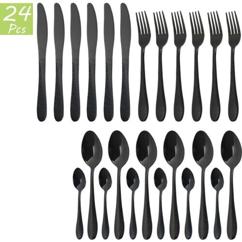 24Pcs Black Cutlery Set Stainless Steel Dinnerware Set Gold Knives Forks Spoon Dinner Tableware Set Western Kitchen Flatware Set